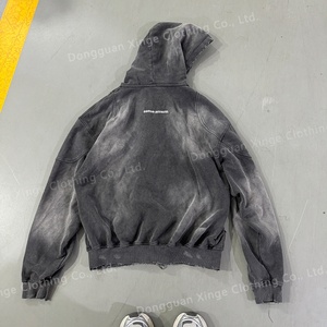 Sudadera con capucha de algodón de 450 g/m² de alta calidad estilo streetwear vintage, con efecto desgastado por el sol, patchwork, lavado ácido, bajo sin rematar y cremallera para hombre - Product Image 3