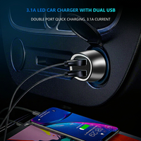 Chargeur de voiture double USB haute vitesse 3.1A 12W, mini chargeur de téléphone portable portable avec lumière LED, coque PC durable, universel pour voiture et camion