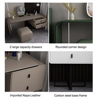 Coiffeuse moderne en cuir Napa avec armoire latérale extensible, miroir LED 3 couleurs et tabouret pour chambre à coucher.