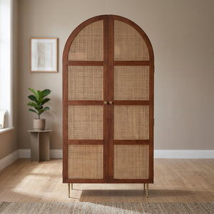 Armario Moderno con Puerta Arqueada, Madera Sólida con Panel de Ratán, Tiradores de Latón, Mueble de Dormitorio Independiente, Diseño de Mediados de Siglo - Product Image 2