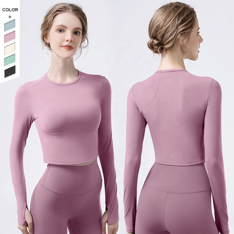 New Fashion Women's Round Neck Seamless Thumb Yoga Long Sleeve T-shirt Quick Dry Anti Pilling Breathable Sweat Wicking Yoga Top