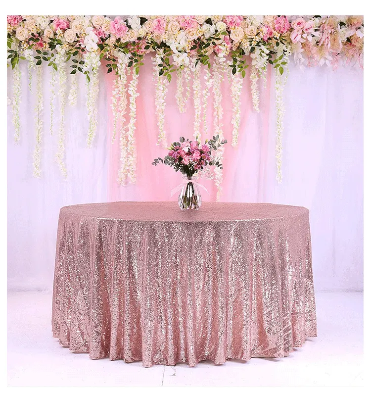 Fancy Birthday Party Tổ Chức Sự Kiện Bàn Tiệc Vải Lanh Overlay Bìa Trang Trí Rose Gold Sequin 120 Inch Wedding Vòng Khăn Trải Bàn