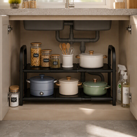 Étagère de rangement sous évier à double niveau, 6 panneaux extensibles, organisateur de cuisine, gain de place réglable, métal noir