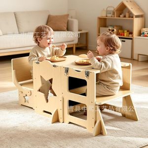 Wooden 3-In-1 Learning Tower Kitchen Helper Stool For Toddlers <b>Foldable</b> Children <b>Table</b> <b>And</b> <b>Chairs</b> Set - Product Image 4