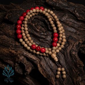 Cuentas de Agarwood de Diseño Moderno, Estilo Minimalista, Agarwood Natural Vietnamita, 108 Cuentas con Coral Fósil Rojo, 62 cm de Longitud - Product Image 3