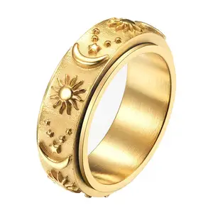 Titan Zappeln Spinner Goldener Ring Angst Linderung von Stress Angst 8mm breiter geschnitzter Ring Sun Moon Stars Ringe für Männer und Frauen
