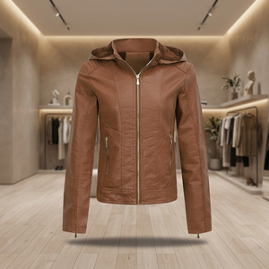 Veste de moto à capuche en cuir PU pour femme, manches longues, fermeture éclair, coupe-vent, tenue d'automne, couleur unie, tissu tissé - Product Image 4