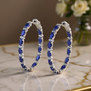 Orecchini a Cerchio con Pietra Blu in Argento 925, Montatura a Griffe, Classici da Donna per Uso Quotidiano E568 - Product Image 2