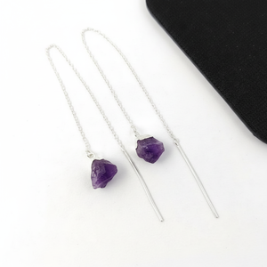 Handmade <b>Raw</b> <b>Amethyst</b> Gemstone Threader Earrings February Birthstone Jewelry Natural Crystal Dainty Drop Earrings for Women - Product Image 1