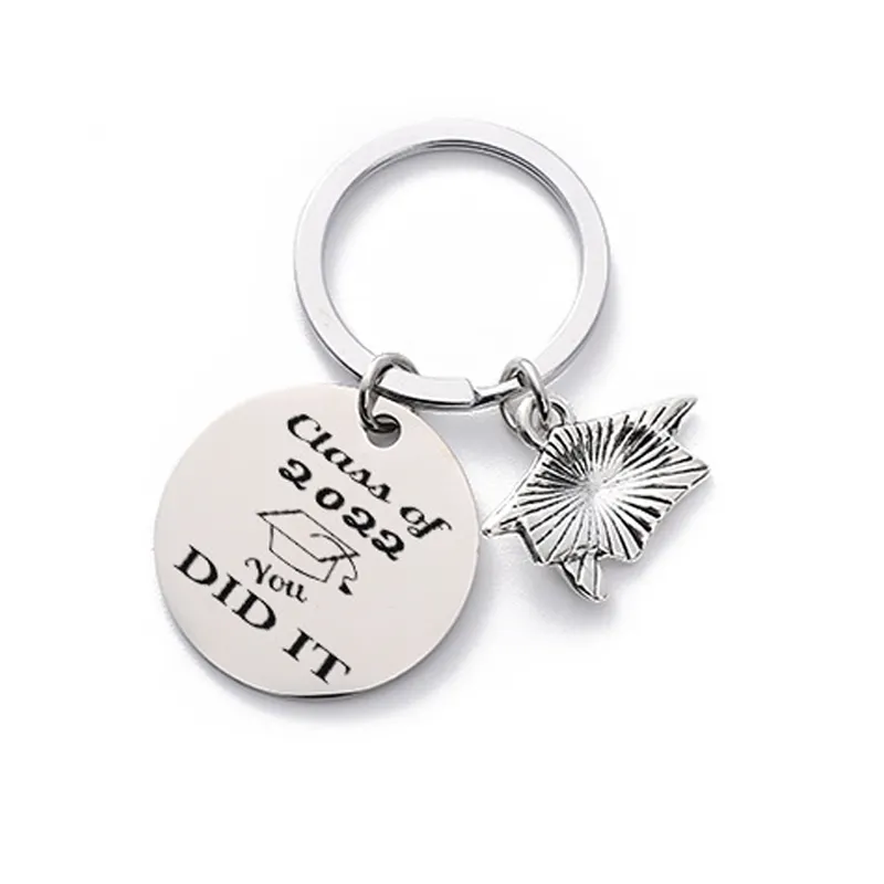 Stainless steel cross-border engraved round brand graduation season creative small gift key chain