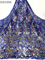 Tissu en dentelle florale de velours brodé de perles et de paillettes multicolores, 100% polyester, tissu africain élastique