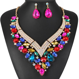 Nouveaux ensembles de bijoux de mariée, design tendance, entièrement sertis de strass, collier et boucles d'oreilles en pierres bleues champagne pour femmes, pour <span class=keywords><strong>mariage</strong></span>, banquet, fête - Product Image 1