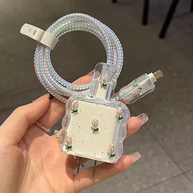 Cute 3D Metal Tulip Glitter USB Cable Protector Cover for IPhone 17 15 14 13 18W-20W Data Line Bite Head Cord Fast Charging Case