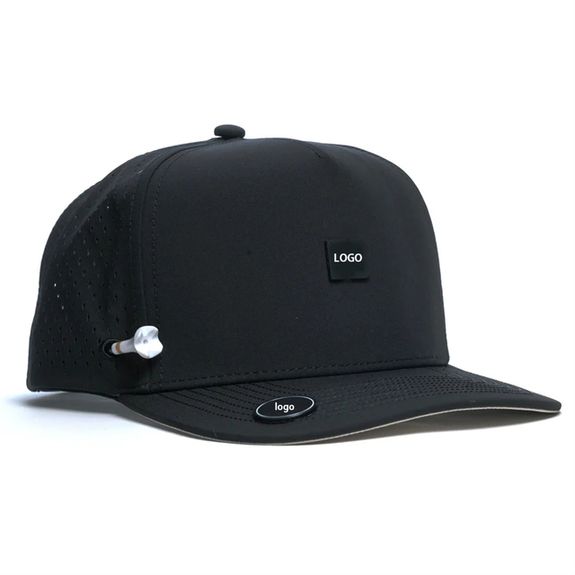 Custom Waterproof Rubber Patch Golf Hat Tee Holder Magnetic Ball Maker Clip Perforated Performance Unisex 5-Panel Sporty Cap