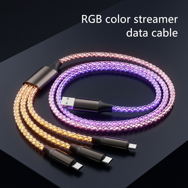 HXT 3-in-1 USB Type-C 120W Fast Charging Cable RGB Flowing Light for IOS/Android Devices Printer Pure Copper Conductor Data