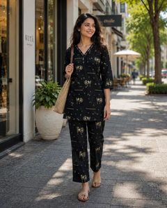 Ensemble coordonné en coton imprimé Warli avec col en V, tissu en coton doux de qualité supérieure, léger et confortable, tenue deux pièces pour le bureau - Product Image 2