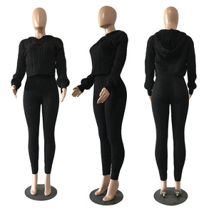 ชุดเซ็ตสองชิ้นสำหรับผู้หญิง Viviblook Z1219ST01 เสื้อสเวตเตอร์มีฮู้ดแขนยาวถักโครเชต์แบบครอปท็อป กางเกงขายาว - Product Image 4