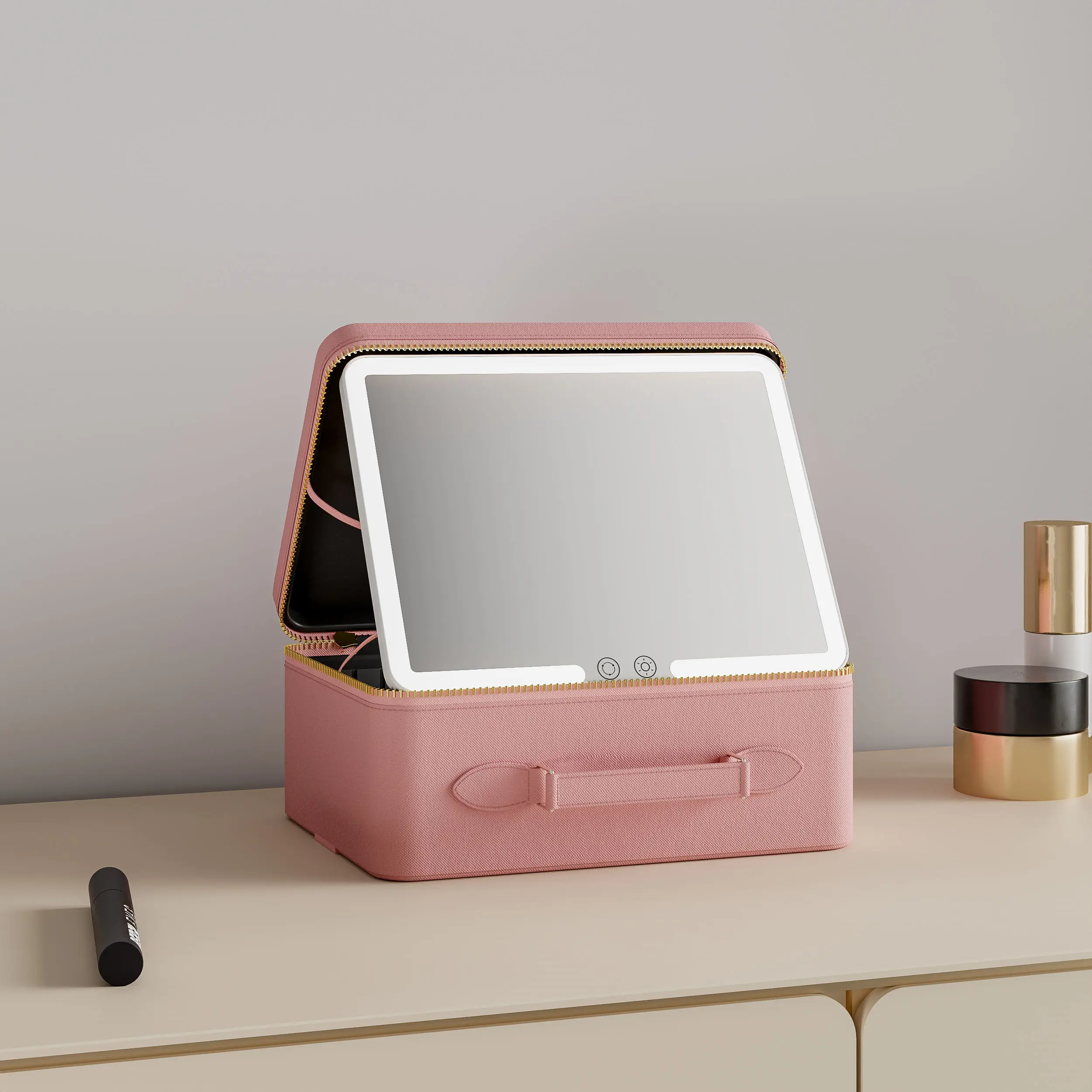 Boîte de rangement éclairée pour cosmétiques de maquillage avec logo personnalisé Trousse de maquillage de voyage portable en cuir PU avec miroir lumineux à led