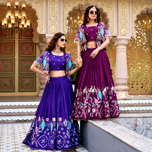 Wholesale Designer Lehenga Choli Set with Koti <b>Jacket</b> Heavy Embroidery Peacock Printed Chaniya Choli for Navratri & <b>Wedding</b> Wear - Product Image 4