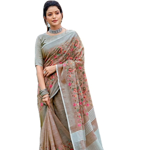 Saree de algodón de lino suave con estampado floral completo y Pallu estampado viene con blusa estampada con borde a juego - Product Image 1