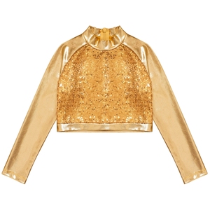 Haut court de performance pour femme, coupe ajustée, à manches longues et col montant, en tissu métallisé liquide, style cyberpunk futuriste, avec logo personnalisé - Product Image 3