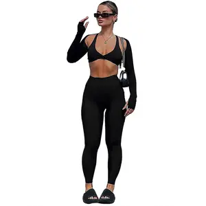 Sexy Set Short Sport Long Sleeve Crop Top Halter Tank Top Leggings Sexy 3 Piece Set Women