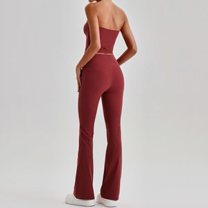 Ensemble de yoga taille haute pour <span class=keywords><strong>femme</strong></span>, effet ventre plat et lifting des fesses, sensation seconde peau, haute extensibilité, pour la gym et le fitness, comprenant un pantalon évasé et un soutien-gorge - Product Image 2