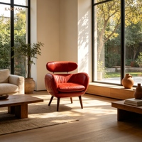 Fauteuil lounge en cuir avec appui-tête flottant, fauteuil moderne du milieu du siècle avec pieds en bois pour salon, bureau, hôtel