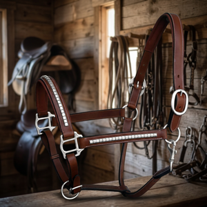 Harnais en cuir véritable, collier de cheval en cuir, selle anglaise, finition cousue style western, accessoires en laiton nickelé, rembourré - Product Image 2