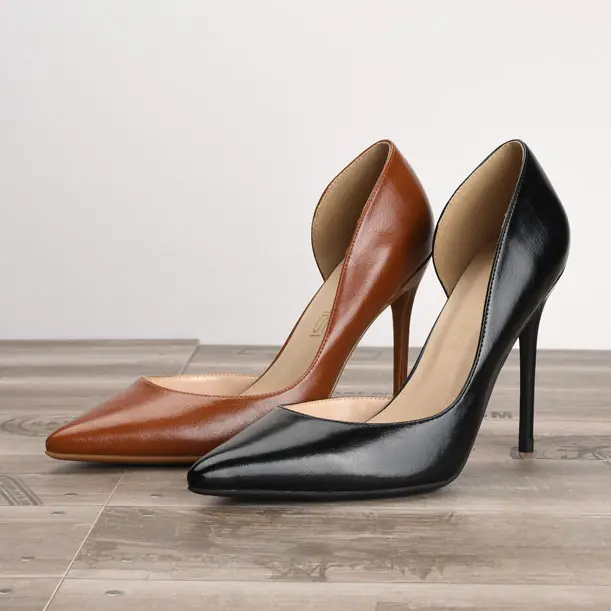 Goxeou Women Classic Thin High Heels Pumps Black Dark Nude Brown PU Leather Pointed Toe Shoes Fashion Elegant High Quality 32-46