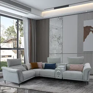 Hedendaagse Commerciële Grey 3 Stuk L Vorm Combinatie Waterdichte Stof/Lederen Woonkamer Sectionele Modulaire Sofa Voor Hotel