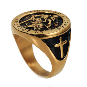 Bague religieuse antique Vintage pour hommes, médaille en relief solide, bague de protection en acier inoxydable américain - Product Image 4