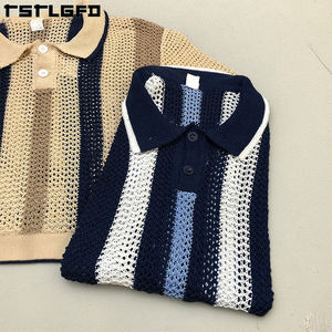 Maglietta estiva personalizzata a righe all'uncinetto con bottone cavo a maniche corte con collo alto <span class=keywords><strong>Cardigan</strong></span> da uomo maglione Jacquard t-Shirt - Product Image 3