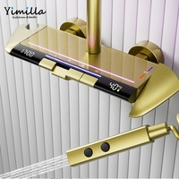 Ensemble de douche moderne de luxe en laiton, finition or brossé, triple poignée, jet doux, massage, lumière LED numérique, eau froide et chaude