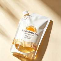 Pochette de recharge liquide cosmétique personnalisable, autoportante, avec bec verseur latéral et fenêtre transparente