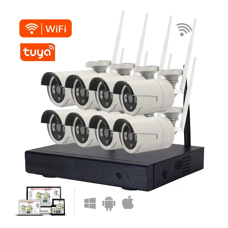 Home Surveillance Cctv Draadloze Systeem 4ch 8ch Tuya Smart Wifi Nvr Kit Outdoor 1080P 8 Kanaals Draadloze Beveiliging Camera systeem