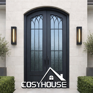 Elegante Puerta Doble de Entrada Negra Arqueada con Vidrio Texturizado para Privacidad - Product Image 1