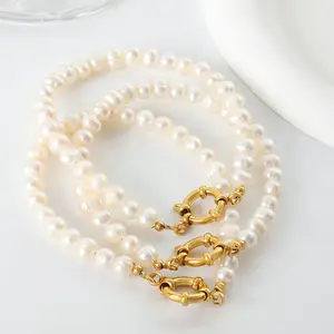 18K Gold Plated Flower OT Clasp Handmade Stainless Steel Irregular Baroque Natural Freshwater Pearl Bracelet