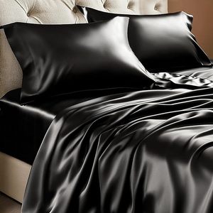 Set di trapunte in raso di lusso 4 pezzi morbido nero setoso <span class=keywords><strong>lenzuola</strong></span> da letto moderno King Size con rivestimento in lana - Product Image 1