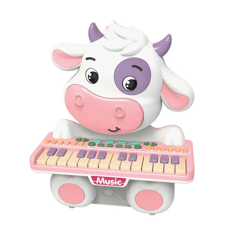 Cartoon Beeld Dier Koe Mini Piano Speelgoed Batterij Operated Plastic Musical Piano