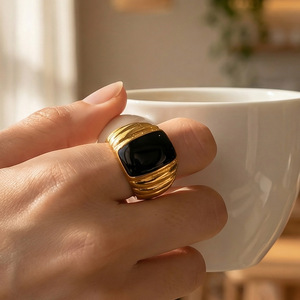 Geometric <b>Gold</b> Plated <b>Cocktail</b> <b>Ring</b> With Black Onyx Square Stone Unisex Glam Fashion <b>Ring</b> Daily Wear Gift - Product Image 1
