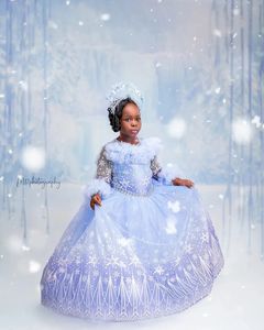 Vestidos de fiesta azul claro para niñas, vestidos de princesa con encaje y cuentas personalizados, vestidos de gala para damas de honor de boda - Product Image 6