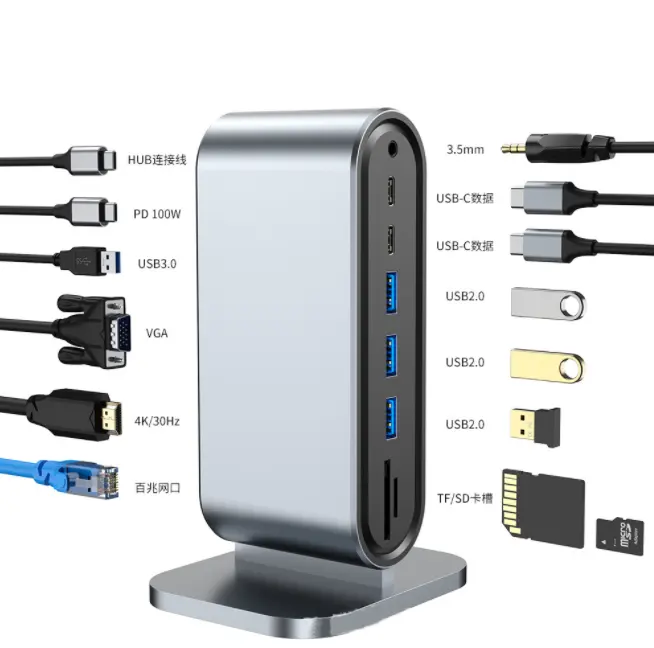 Haute qualité 12 en 1 usb c hub multifonction type c station d'accueil HDTV + VGA + RJ45(100Mbps)+ USB3.0 * 4 + SD USB-C Hub adaptateur ordinateur portable