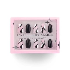 Nuevo Simple Sólido Negro Nail Art Wear <span class=keywords><strong>Uñas</strong></span> postizas cortas en forma de almendra <span class=keywords><strong>Uñas</strong></span> postizas a rayas abstractas en blanco <span class=keywords><strong>y</strong></span> negro - Product Image 4