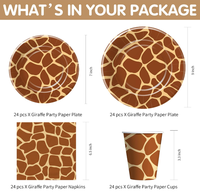 Assiettes, gobelets, serviettes, nappes, couverts et pailles jetables à thème girafe pour fête d'anniversaire sur le thème de la jungle ou du safari