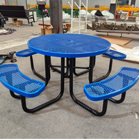 Table de pique-nique et bancs sur mesure en usine, 4 pieds, 6 pieds, 8 pieds, table à manger en métal revêtu de thermoplastique expansé et ensemble de chaises avec trou pour parasol