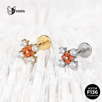 Labret en Titane de Grade Implantable ASTM F136, avec Croix, Trèfle et Grappe, Fileté Intérieurement, Oranges et Blancs, Bijou de Piercing en Zircon Cubique