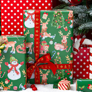 Christmas Theme Gift Wrapping Paper <b>Roll</b> with Reindeer Snowman Tree Design Double-Sided Art Paper for Holiday Packaging - Product Image 2