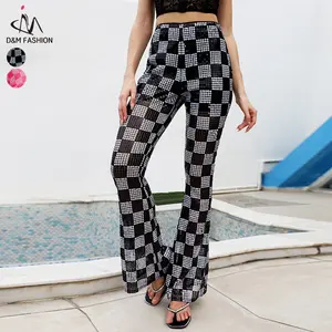 D & m calça longa feminina, padrão xadrez preto e branco na moda para verão, com lantejoulas elásticas na cintura, calças compridas para mulheres