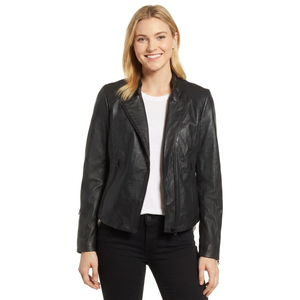 Veste en cuir véritable noire pour femme, col montant, fermeture éclair intégrale, style minimaliste, veste décontractée tendance - Product Image 1